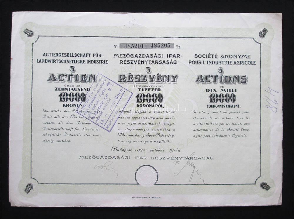 Mezõgazdasági Ipar Rt. 5x10000 korona 1923